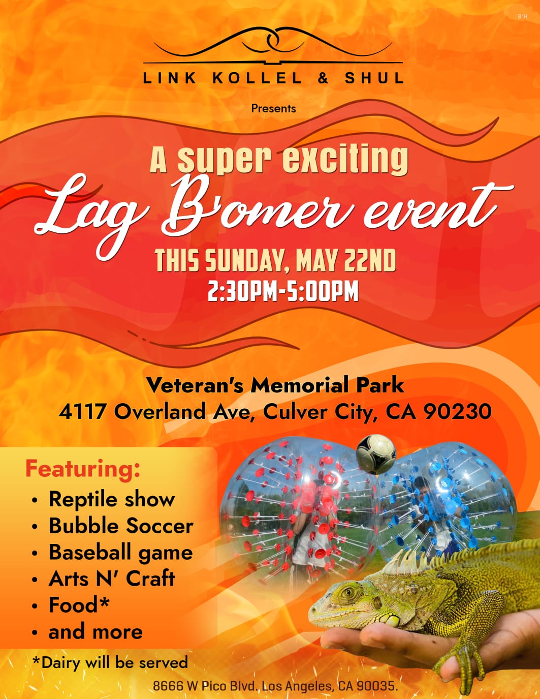 Flyer for Lag B'Omer Community Event at Veteran's Park, LINK Kollel Los Angeles