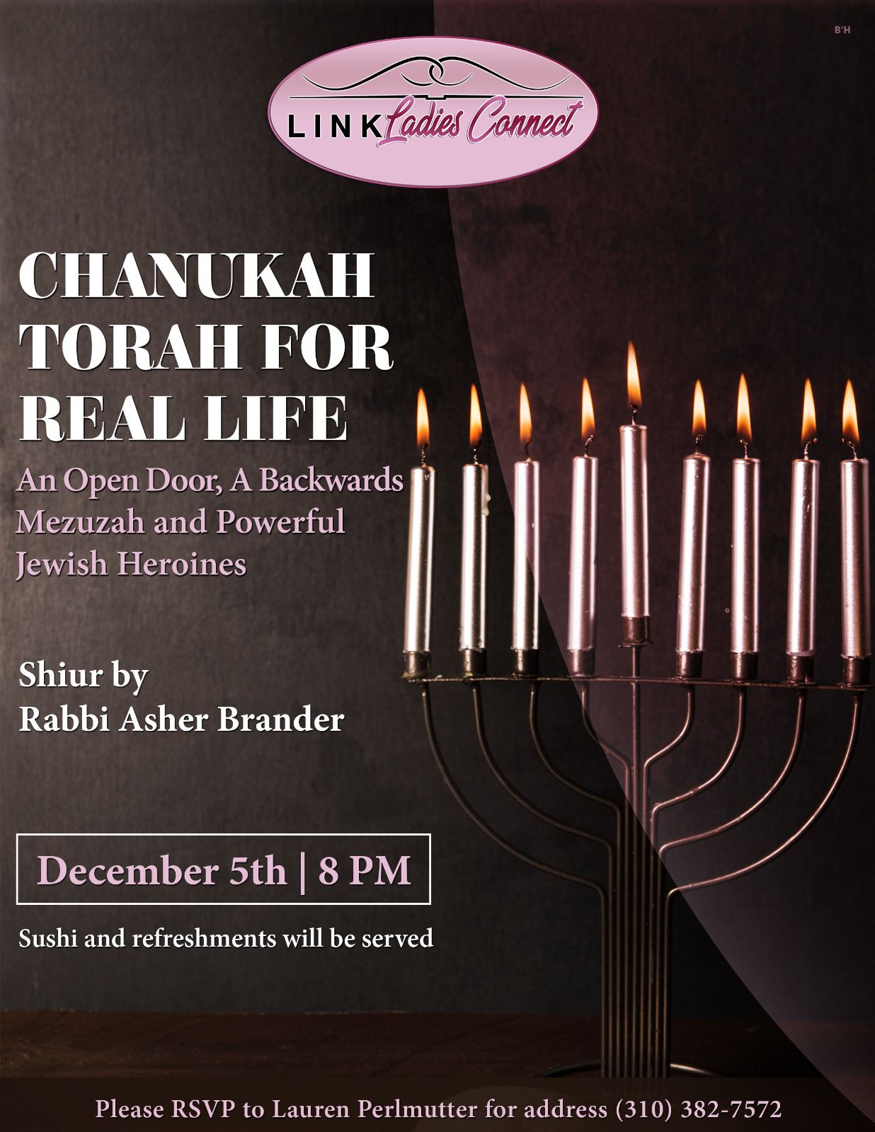 Shiur for Women with Rabbi Brander - Chanukah Torah for Real Life Flyer